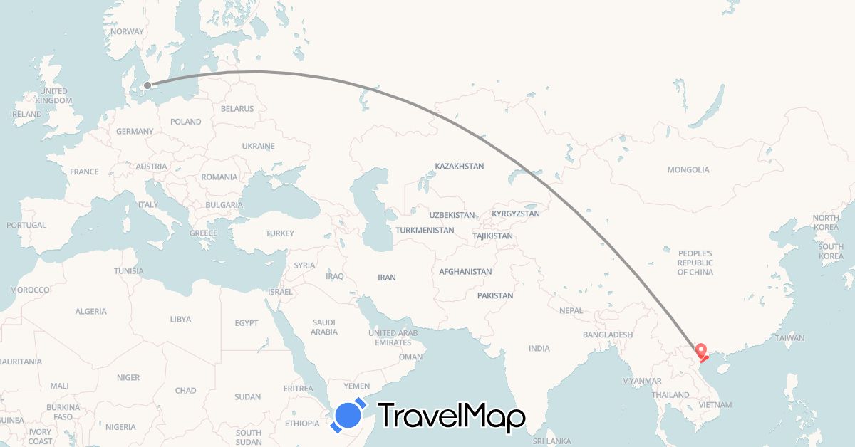 TravelMap itinerary: driving, plane, hiking in Denmark, Vietnam (Asia, Europe)